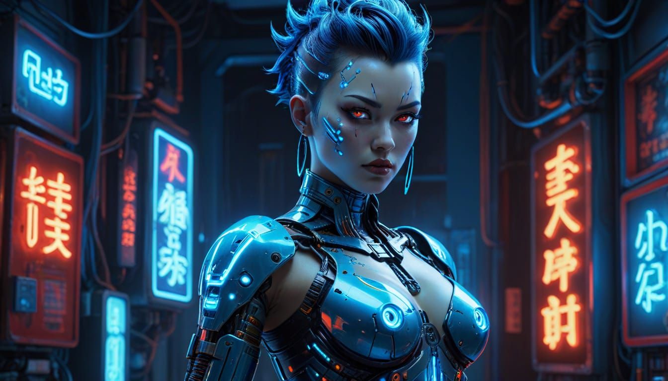 Cyberpunk Gynoid Pinup with Mohawk and Glowing Eyes