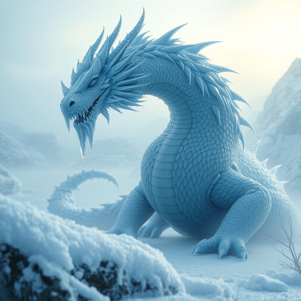 Ethereal Snow Dragon in a Frozen Winter Wonderland