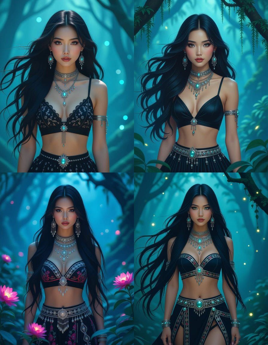 Hmong Woman in Bioluminescent Forest, Gothic Fantasy Art