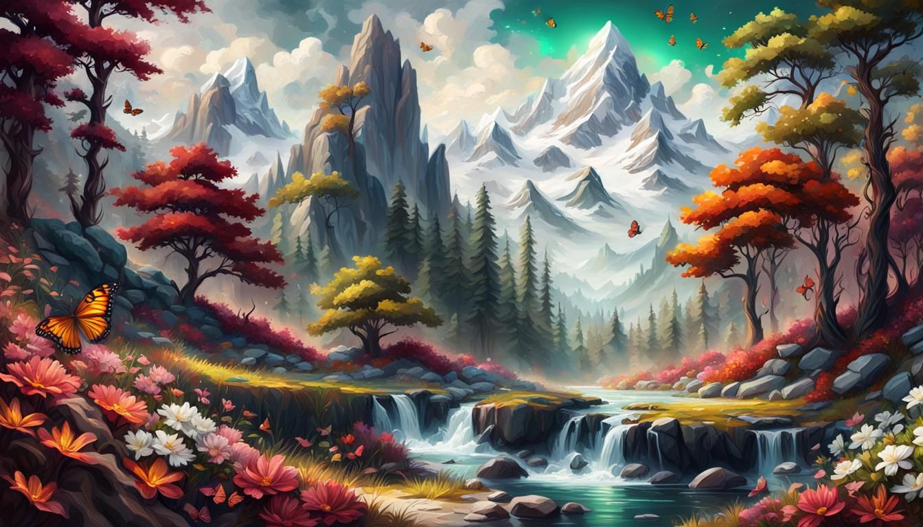 Magical Landscape Oil Painting with Butterflies in 8K