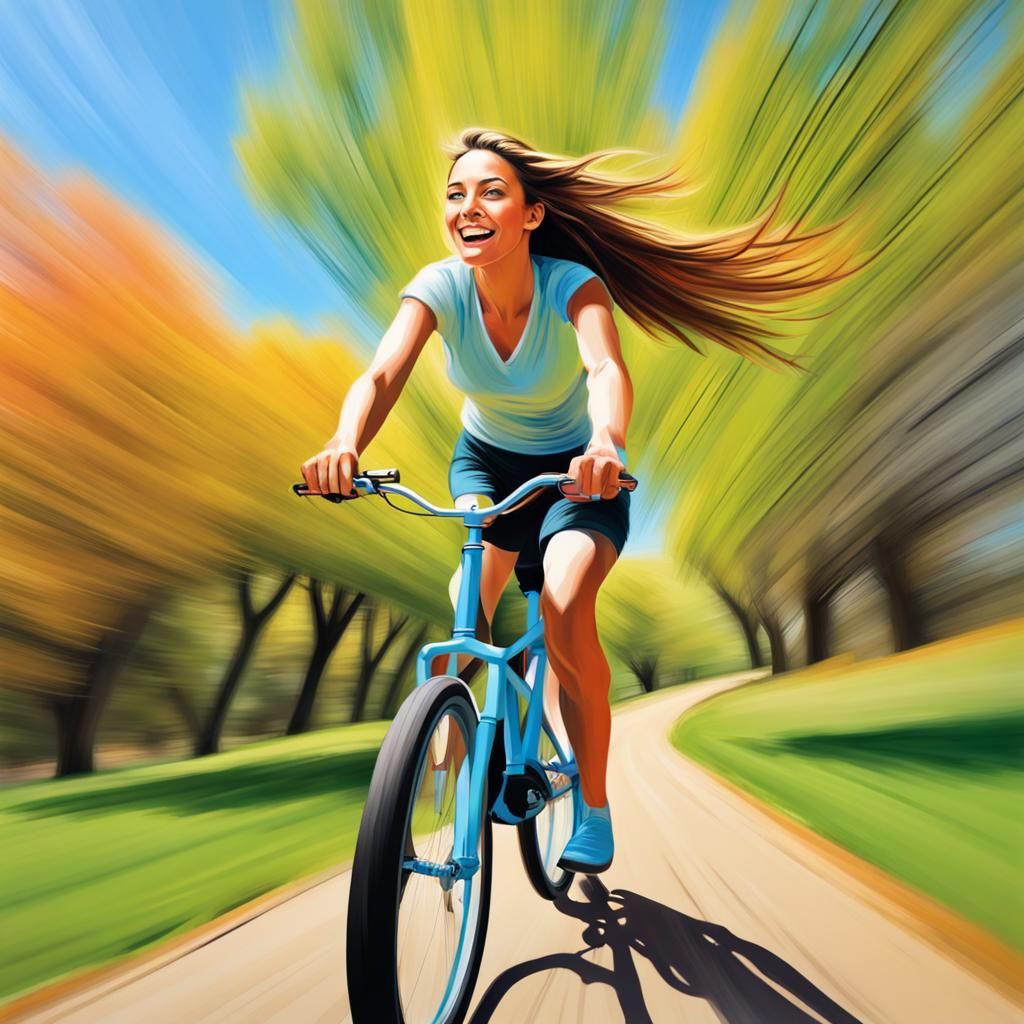 Woman Cycling Down Hill with Speed Lines