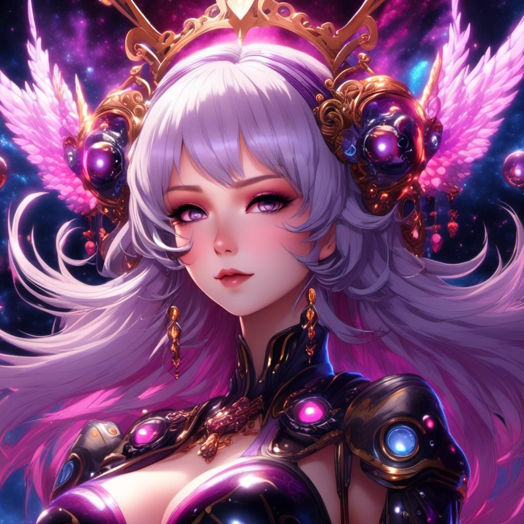 Cybernetic Girl Reflecting Nebula in Lake