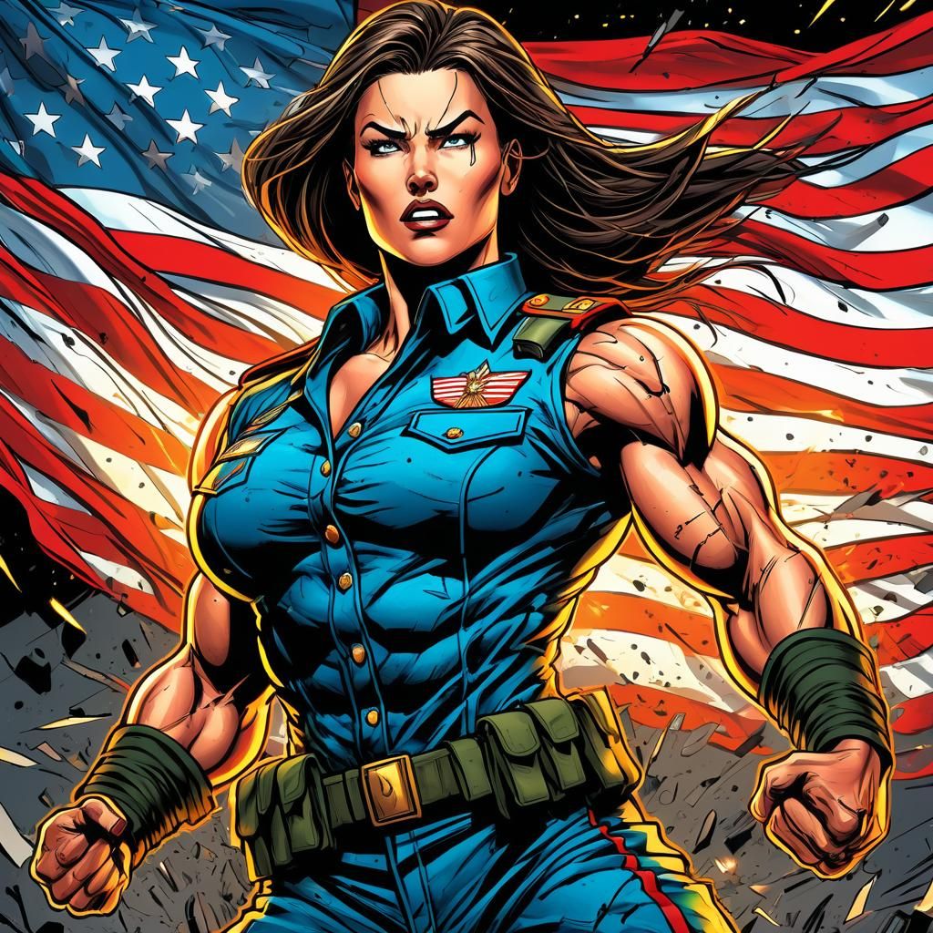 Dynamic Comic Book Art: Muscle Woman Bursting Uniform