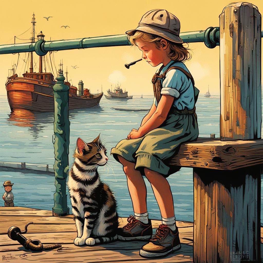 Girl and Kitten at Sea in Comic Book Style