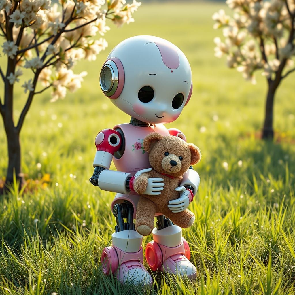 Surreal Kawaii Robot in Whimsical Floral Print Outfit with T...