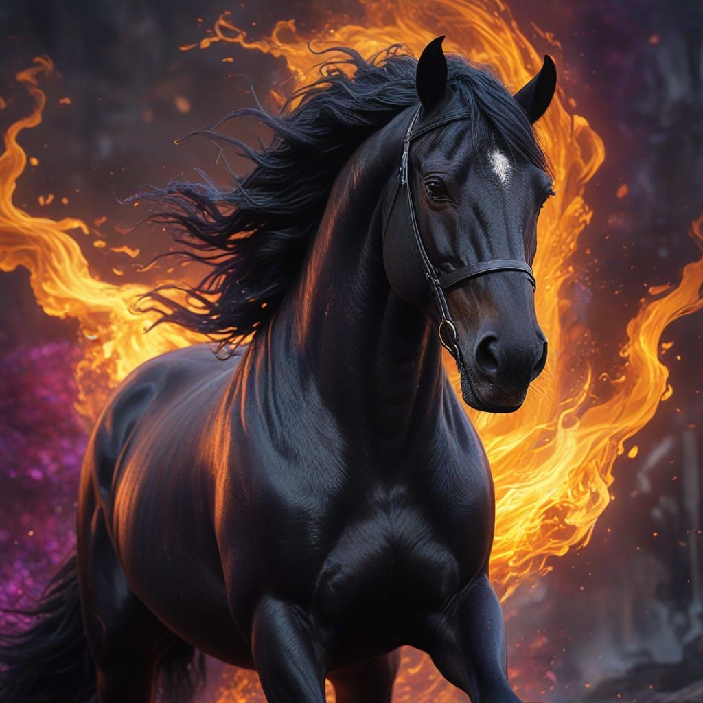 Mythic Black Stallion Blazes with Fiery Hooves and Eyes