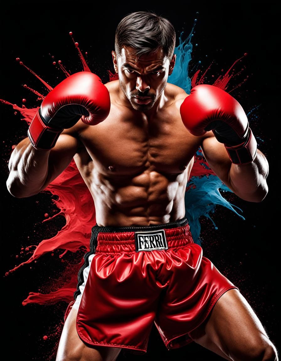 Hyperrealistic Boxer in Fighting Pose with Red Gloves