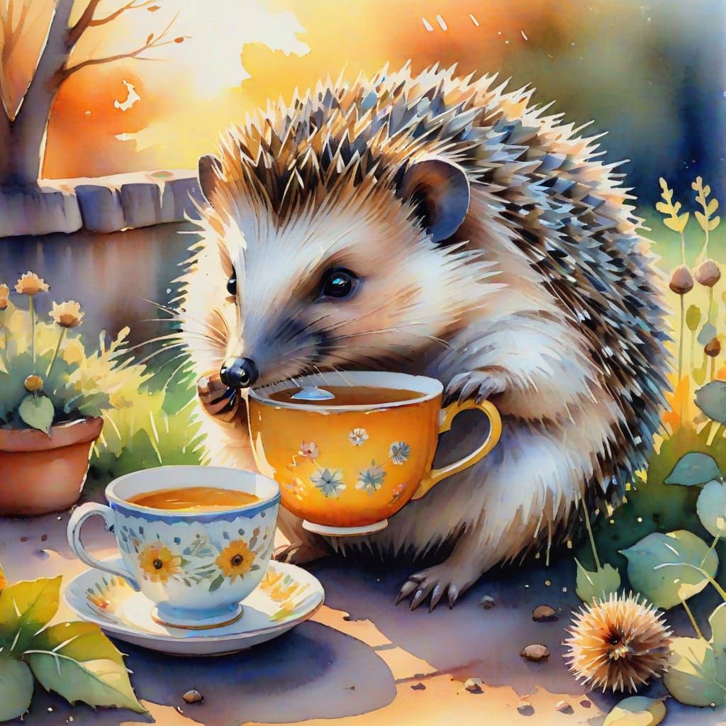 Whimsical Hedgehog Tea Party: Impressionist Watercolor