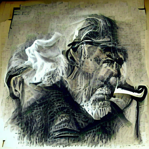Charcoal Drawing of Bearded Man Smoking a Pipe