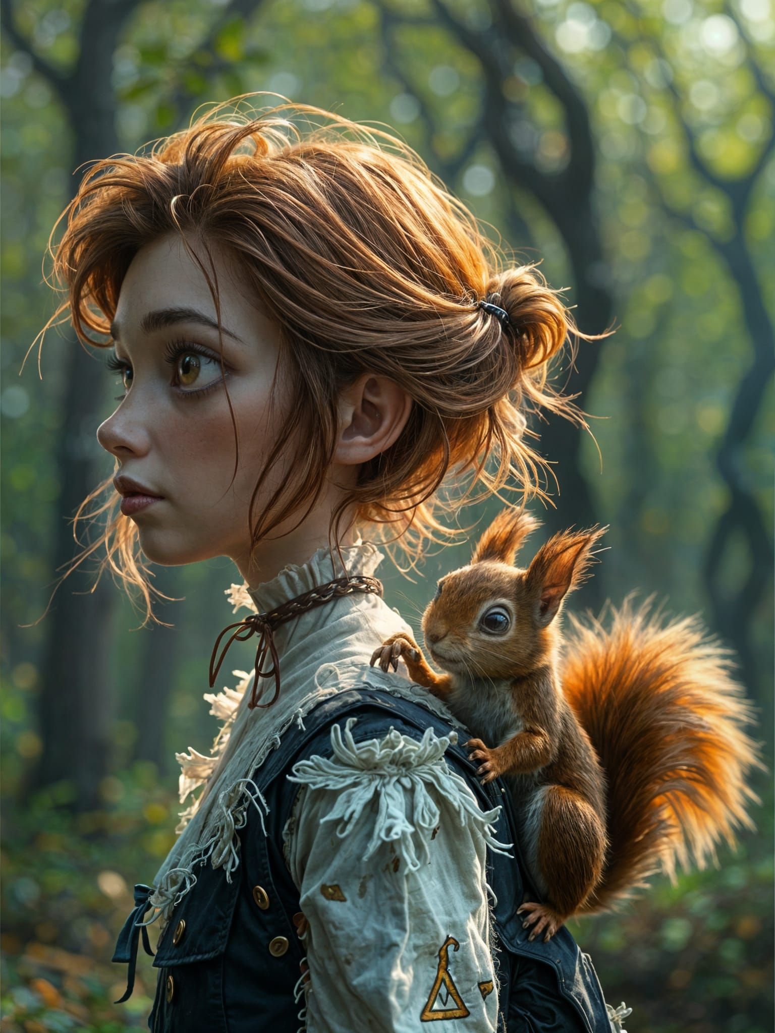 Tim Burton-Inspired Woman in Whimsical Forest Setting