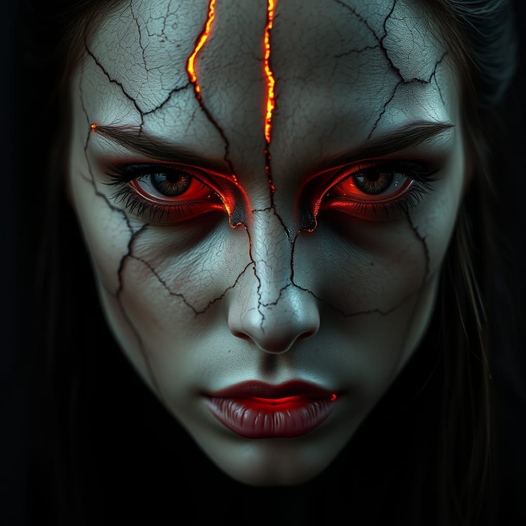 Haunting Goth Portrait with Glowing Cracks