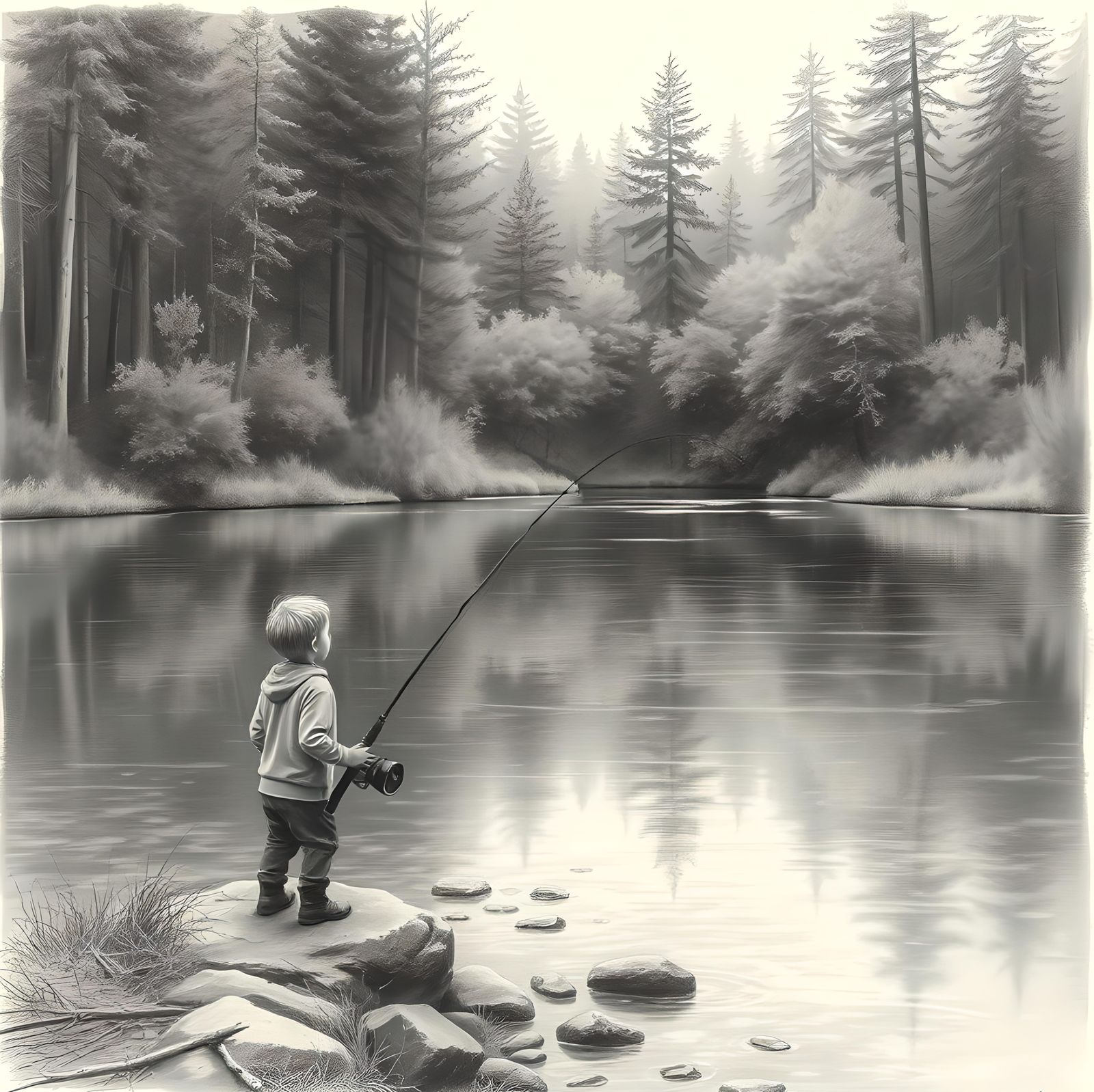 Boy Fishing in Pond: Hyperdetailed Charcoal Drawing