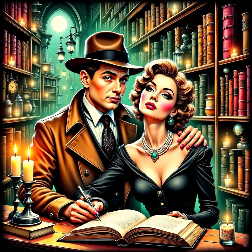 Enchanted 1950s Bookstore Scene in Bold, Colored Ink