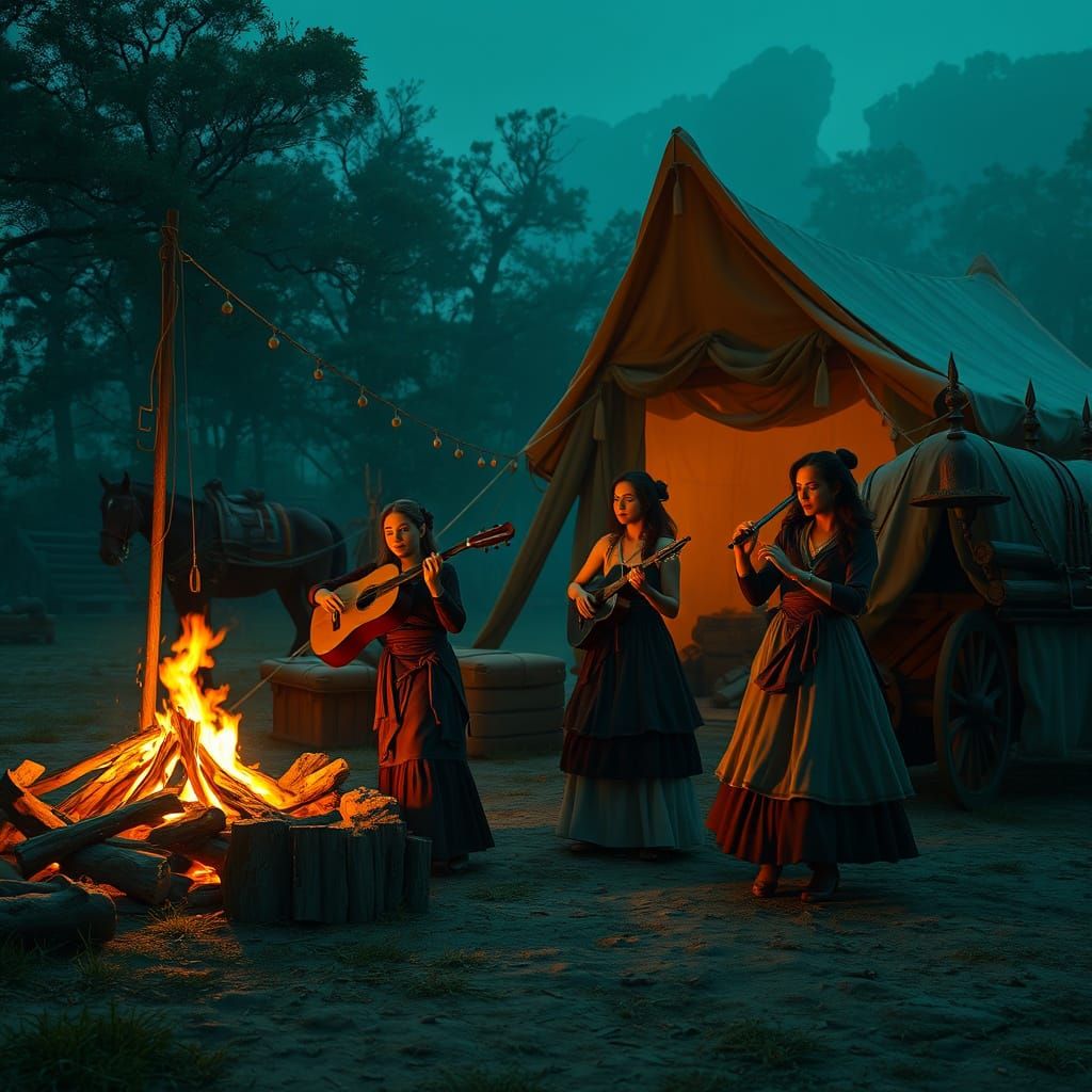 Night Festival Scene with Dancing Figures and Firelight