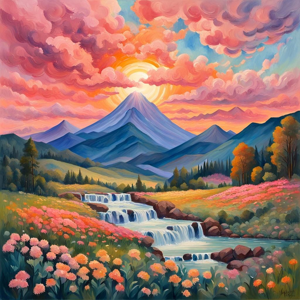 Epic Sunset Valley in Gouache Style