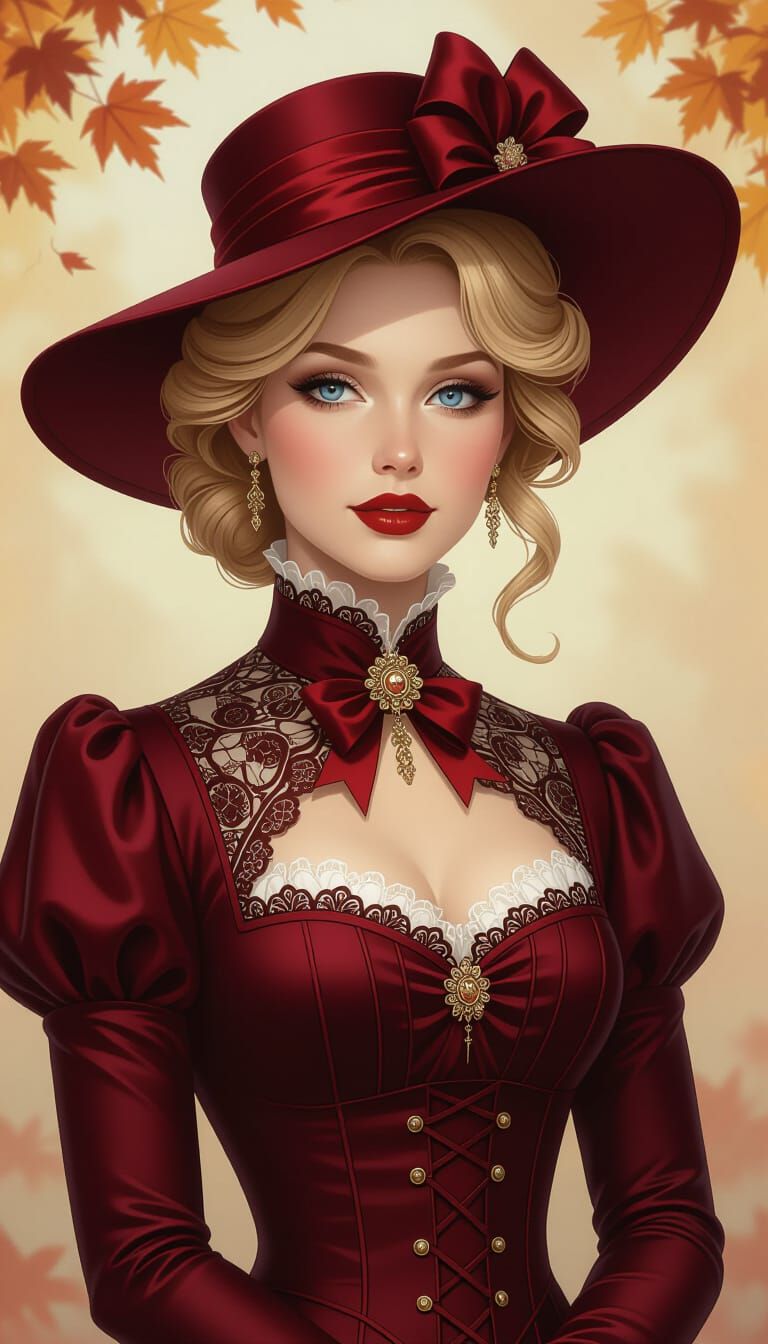 Elegant Victorian Woman in Autumn Landscape, Concept Art