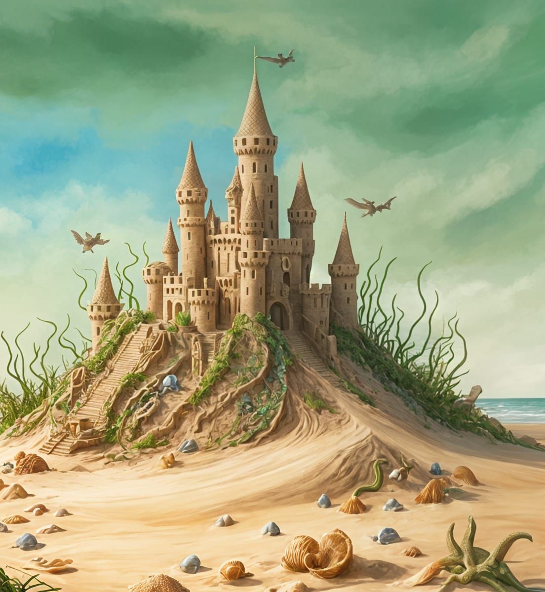 Sandcastle and Dragon on Sandy Beach