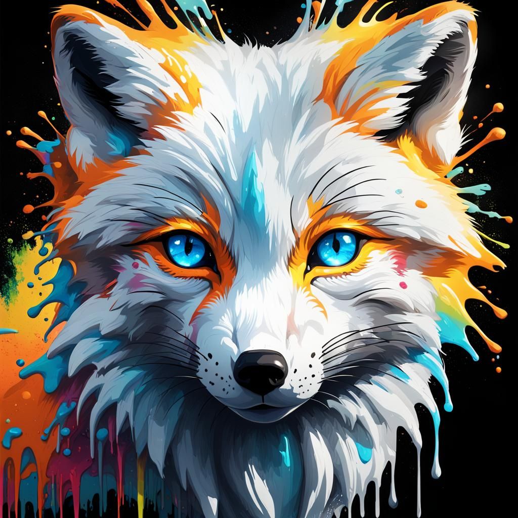 Vibrant Glowing Arctic Fox Graffiti Art