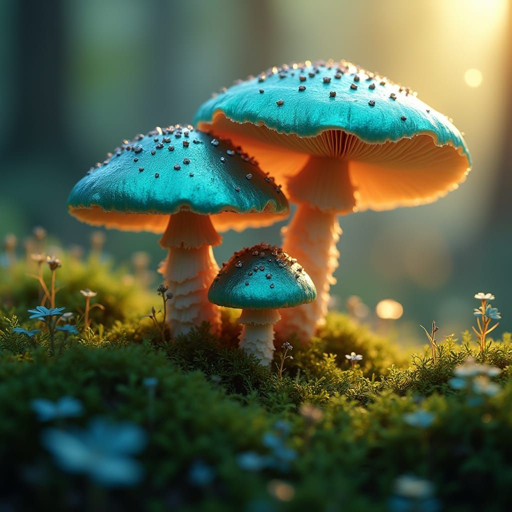Mystical Mushrooms Shine in Emerald Forest