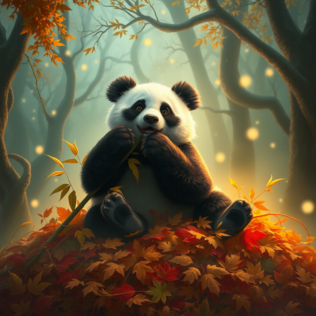 Panda's Joyful Feast in Dreamlike Autumn Forest