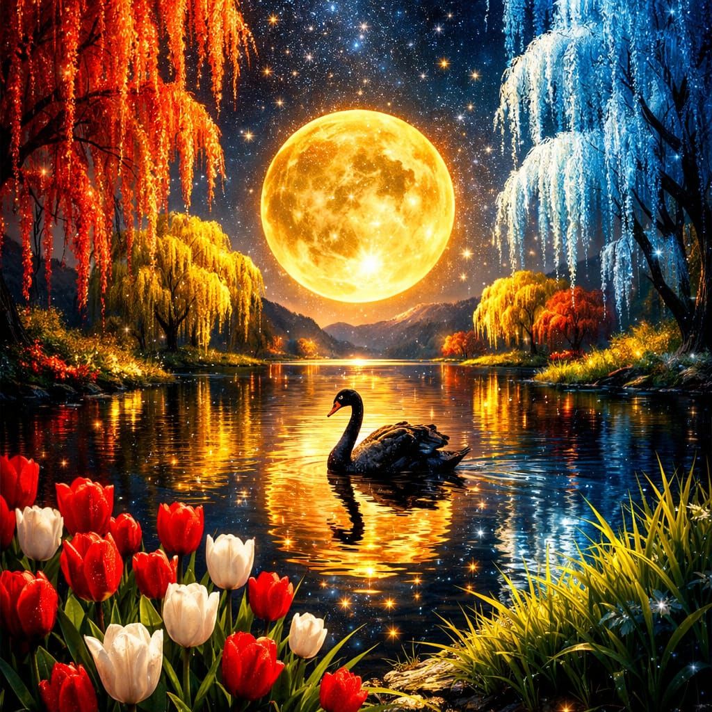 Surreal Fantasy Nightscape: Moonlit Pond with Black Swan