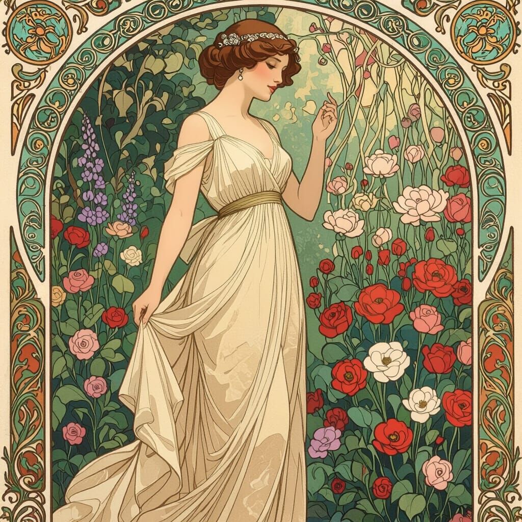 Elegant Woman in Vibrant Garden, Art Nouveau Style