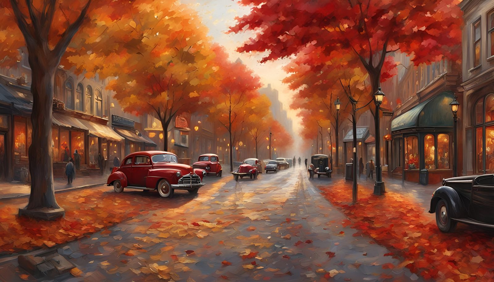 Autumn Leaves in a Sunny Town, Hyperrealistic Style
