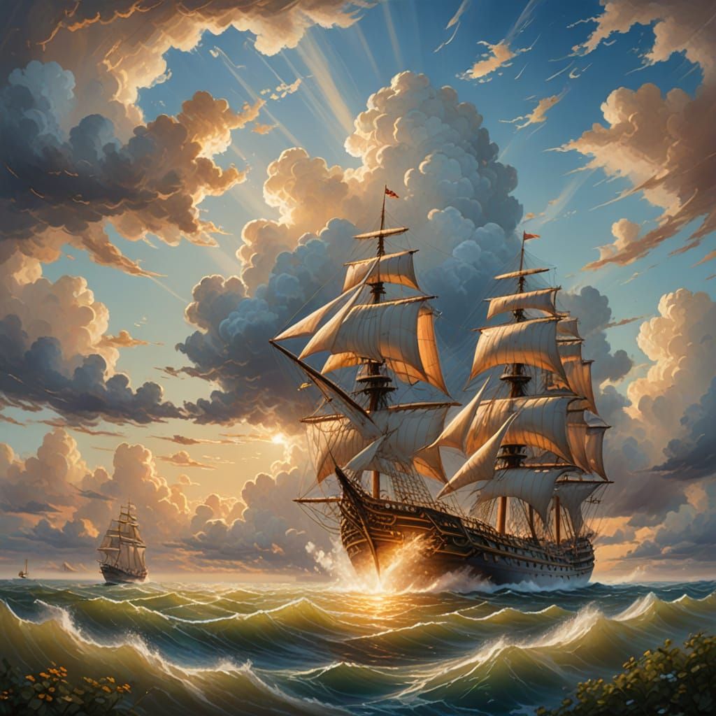 Majestic Cloud Ship Sails Across a Serene Blue Sky