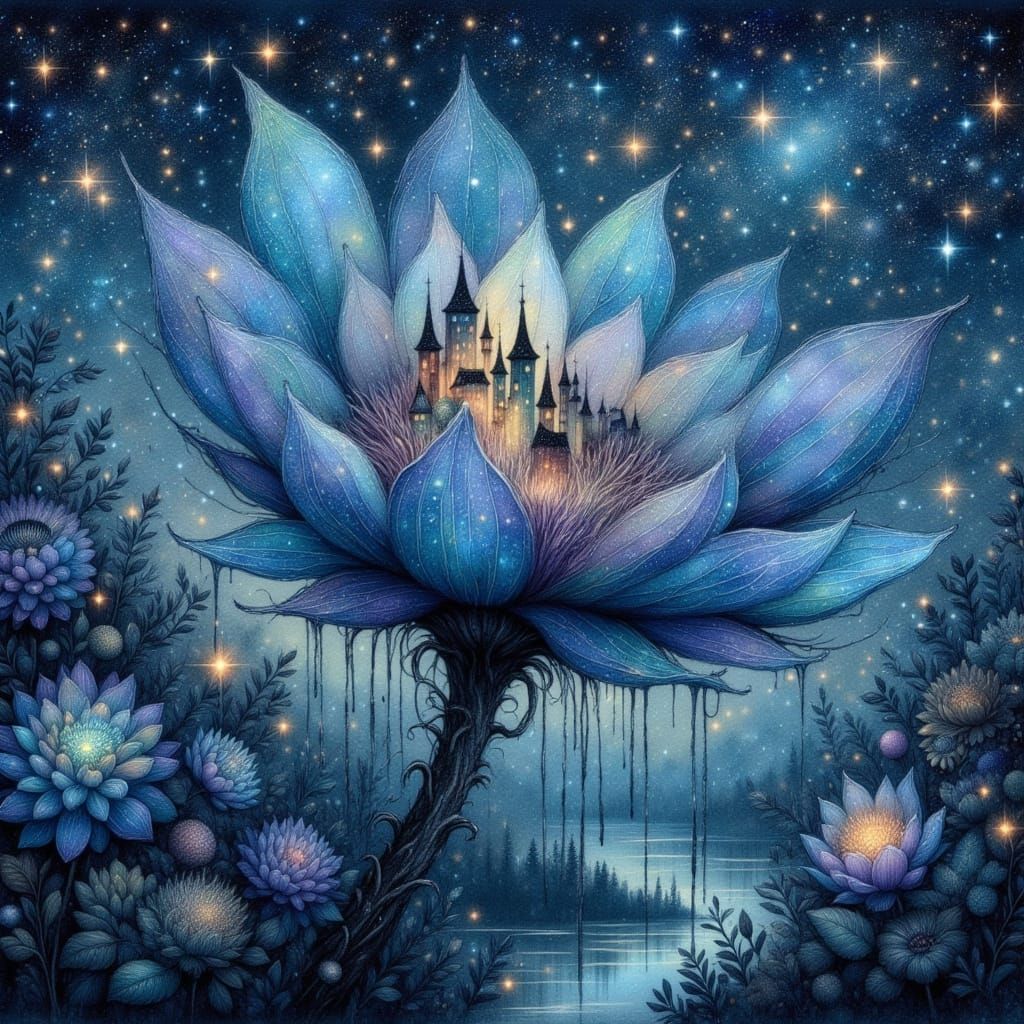 Bioluminescent Flower Engulfs City in Dreamy Gouache Style