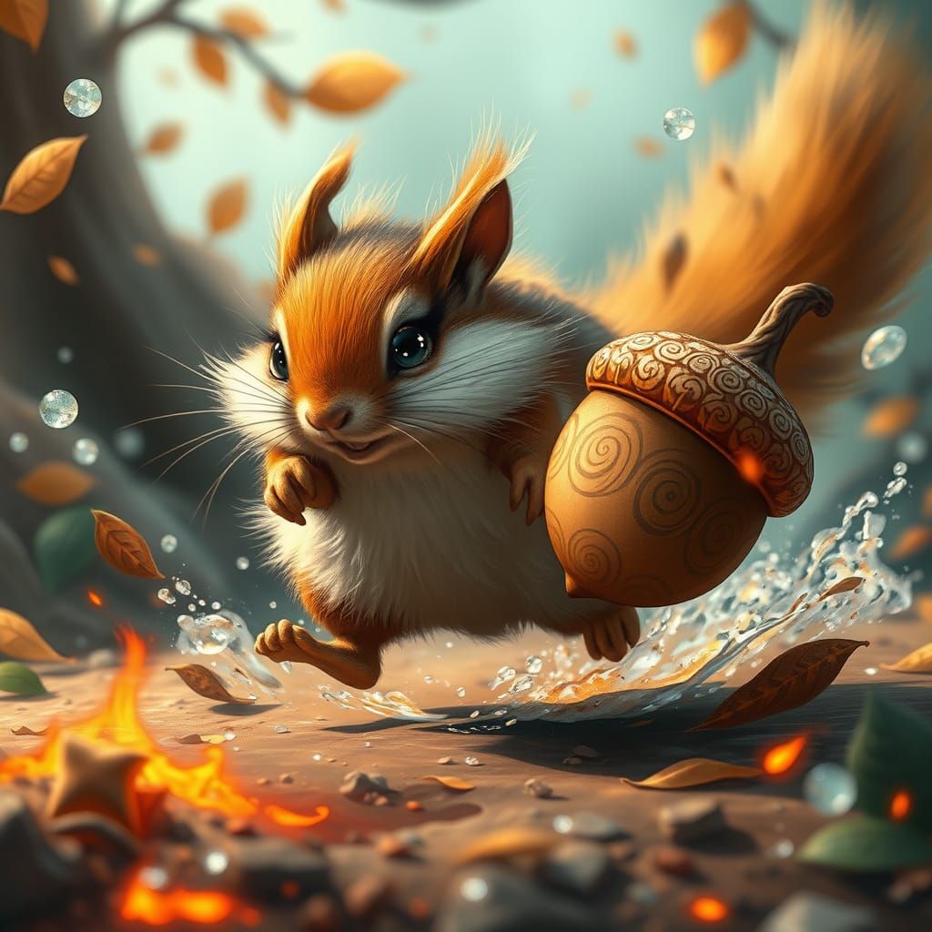 Whimsical Chipmunk Chases Acorn in Fantastical Environment