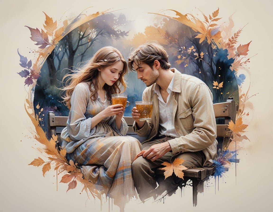Lovers Sharing Cider, Alcohol Ink Style