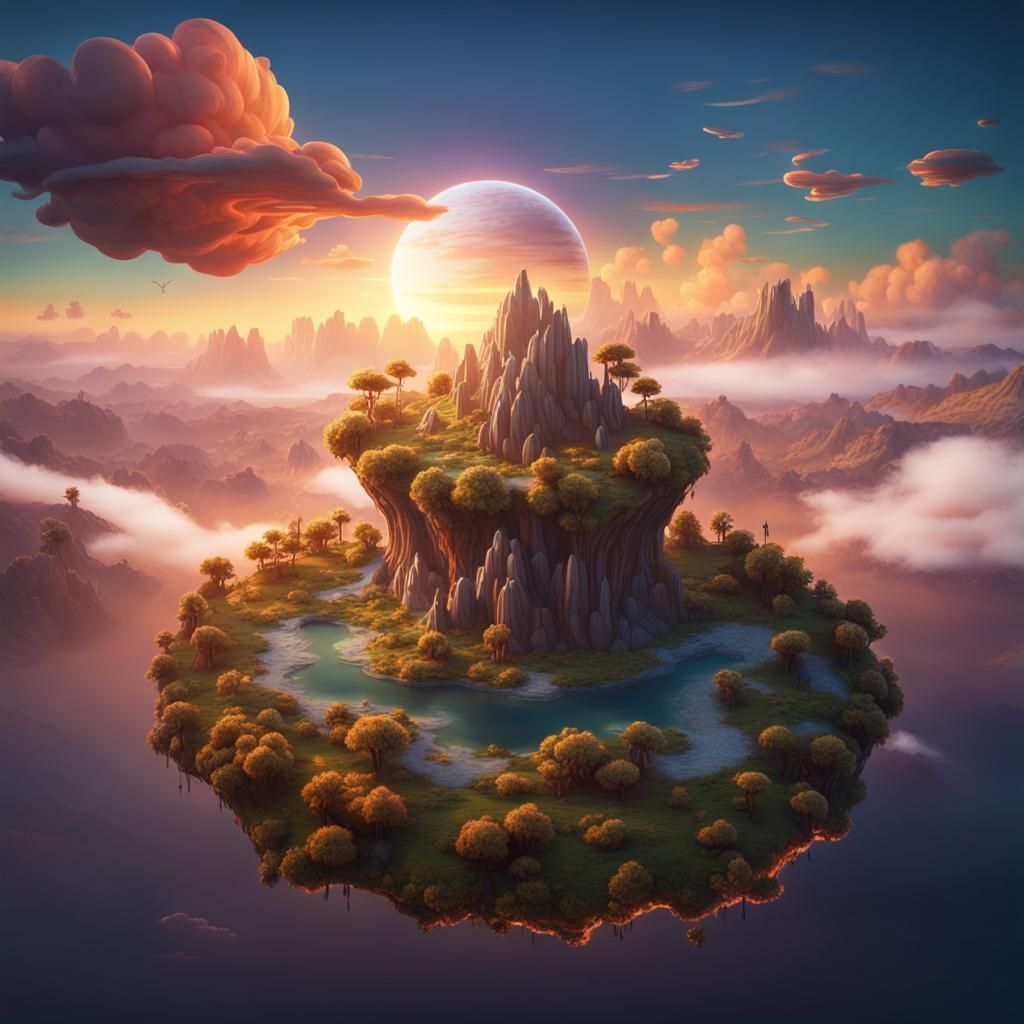 Floating Island Sunset: Detailed Matte Painting