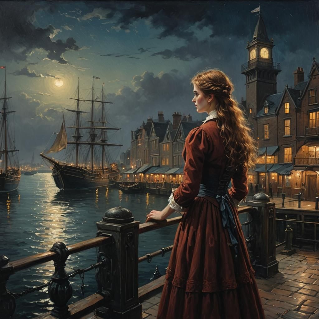 Victorian Harbor Scene: Girl on Bench at Night
