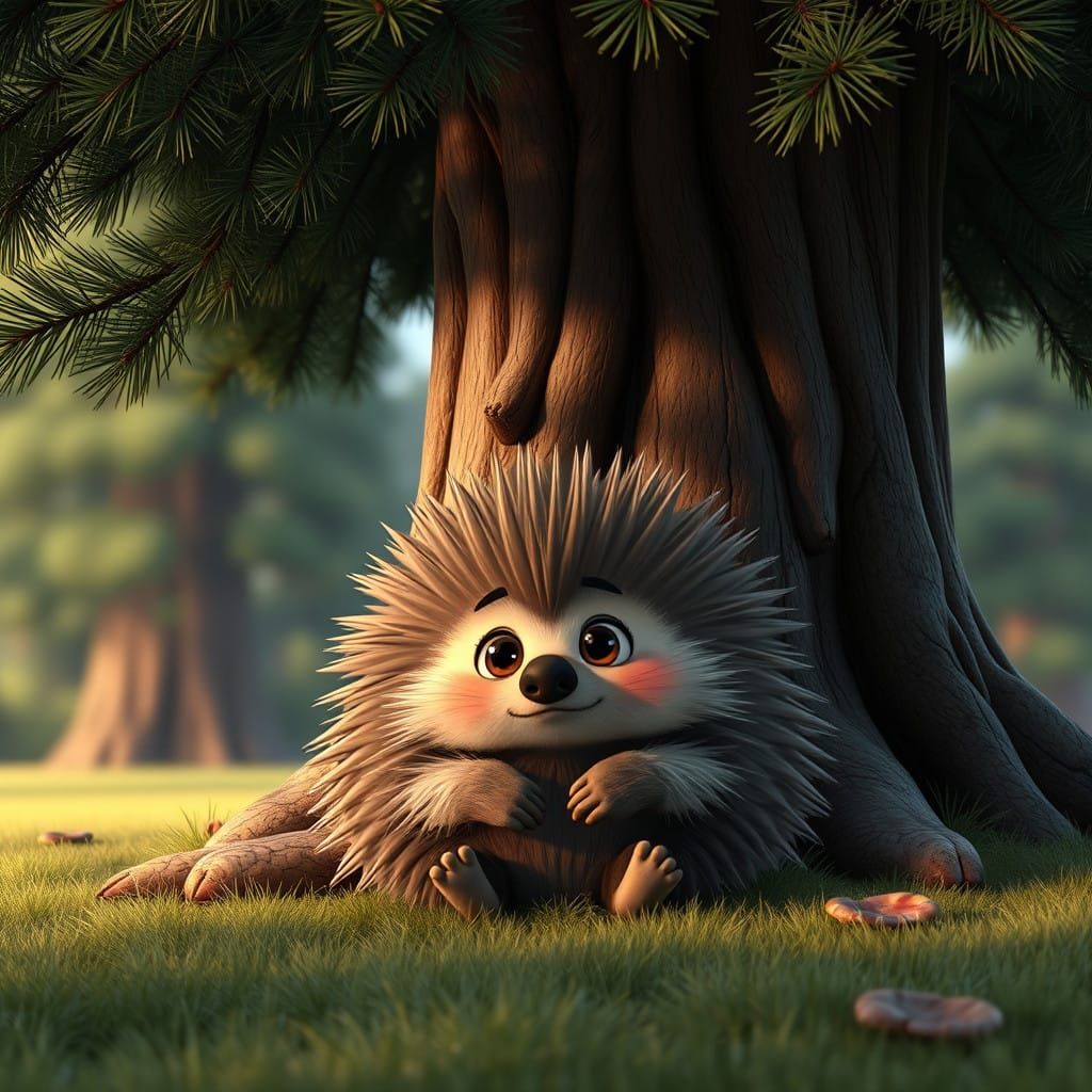 Tranquil CGI Cartoon Porcupine Under Pine Tree