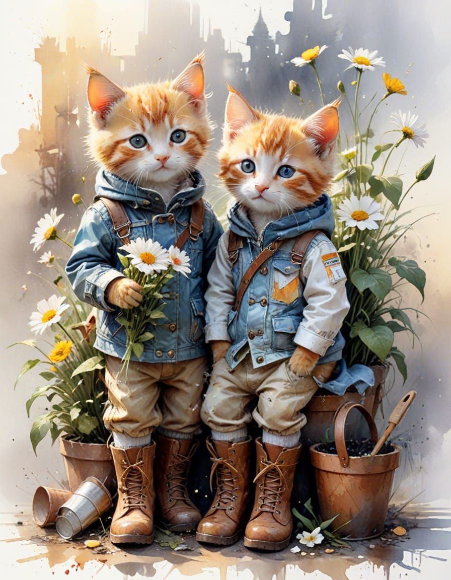 Ginger Kittens Gardening: A Whimsical Watercolor