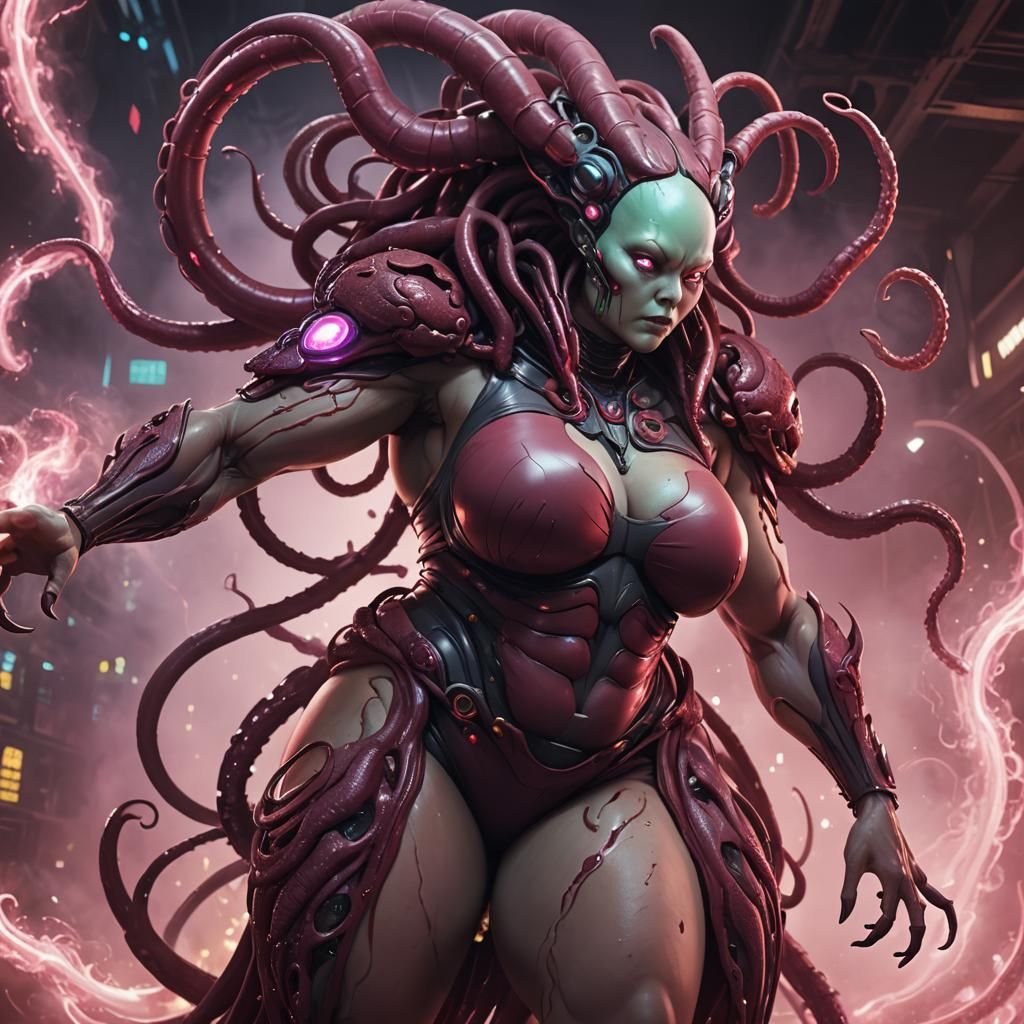Anime Style Alien Muscle Woman with Tentacles