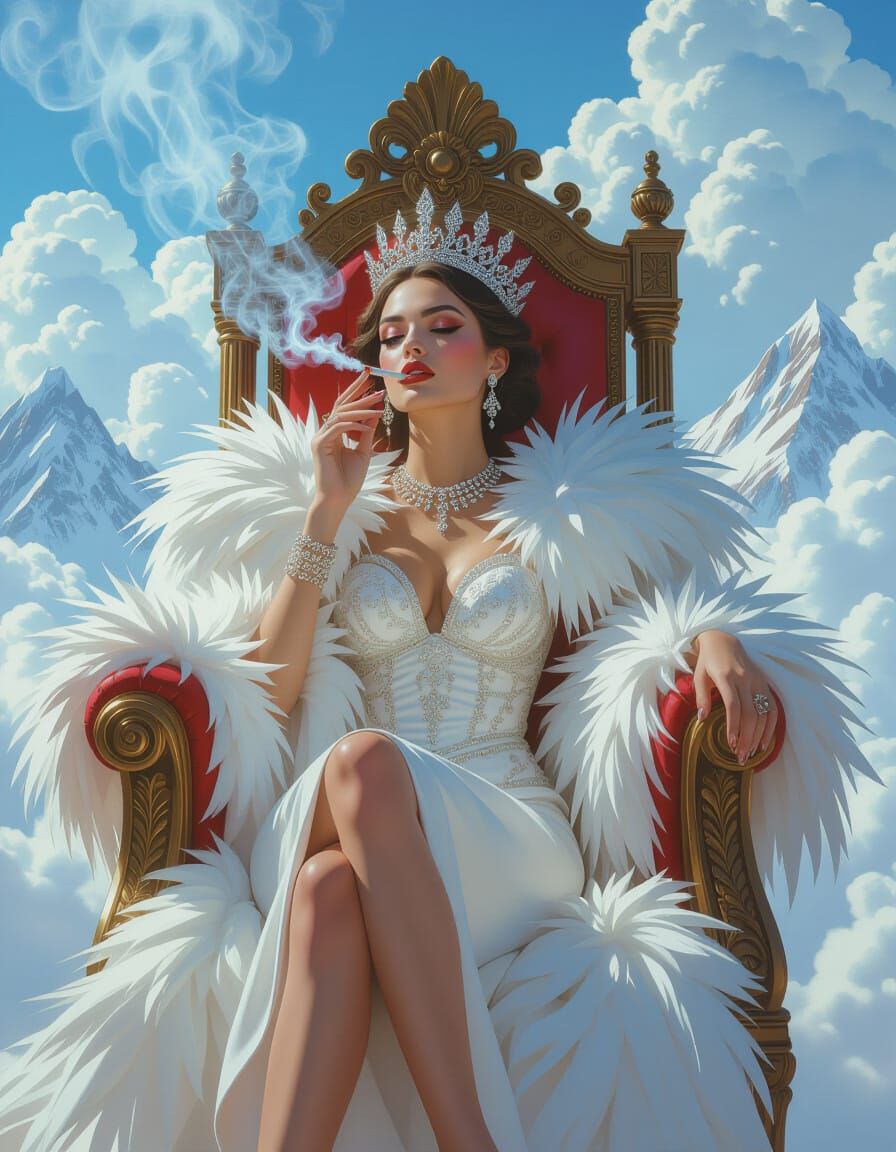 Princess in Feathers on Mountain Throne, Hyperrealistic Styl...
