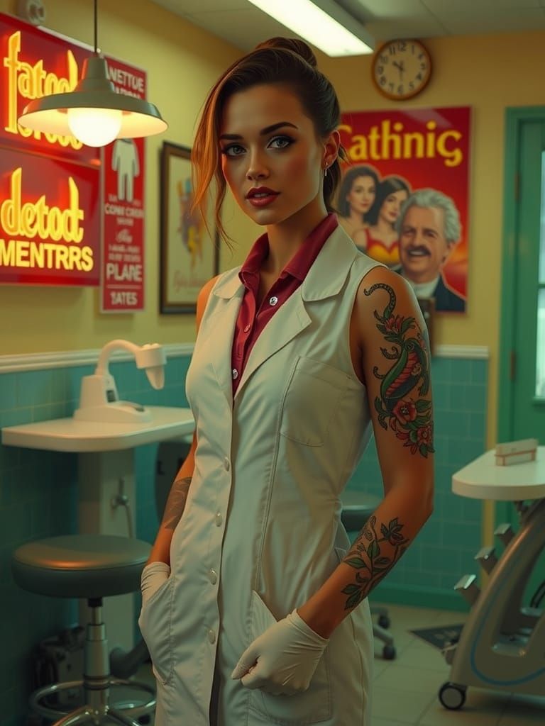 Confident Tattooed Dentist in Gothic Clinic, Hyperrealistic ...