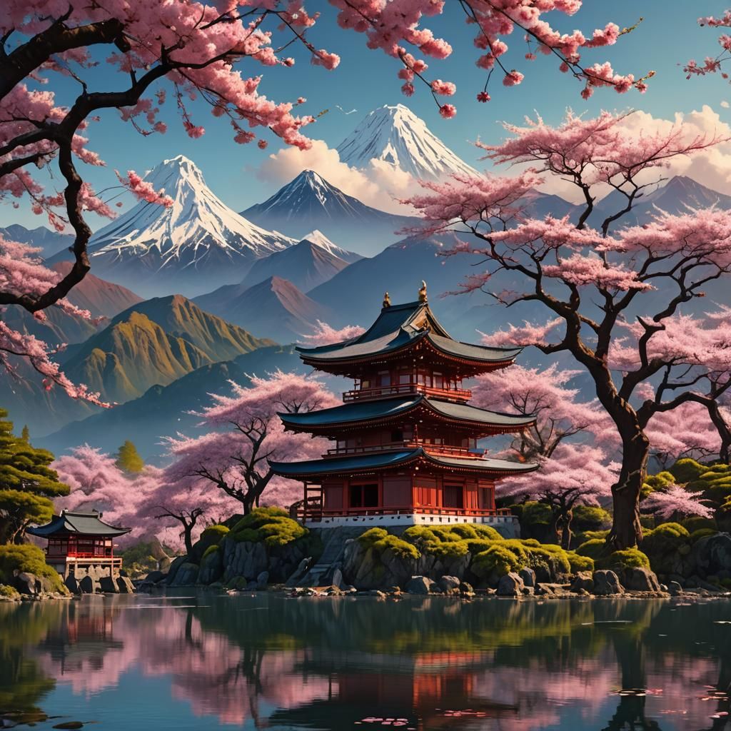 Japanese Temple Among Cherry Blossoms: Digital Matte Paintin...