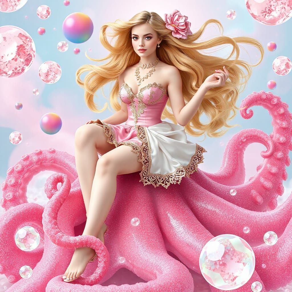 Woman on Gummy Octopus in Surreal Candy Ocean