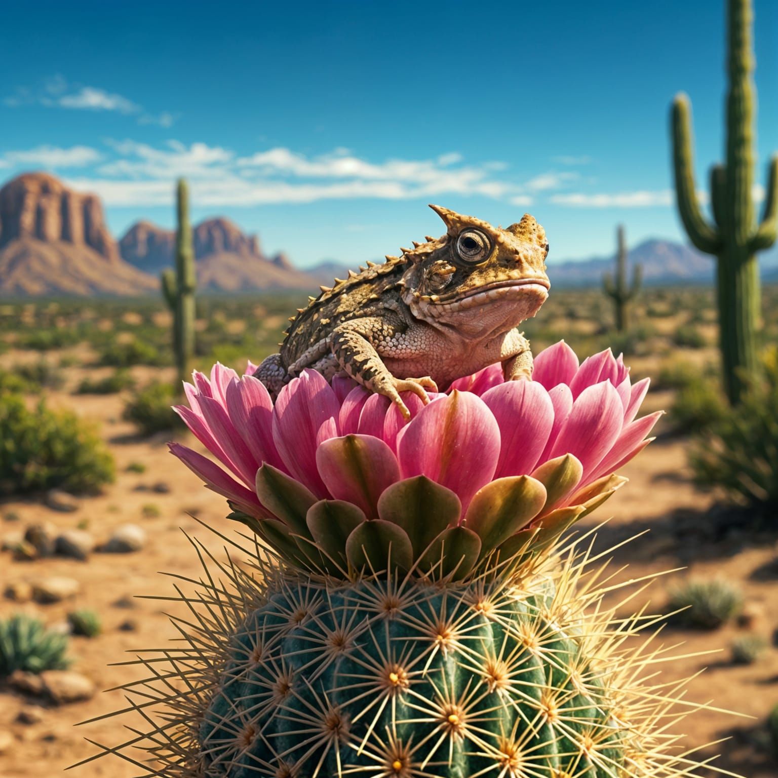 Cute Texas Horned Toad Sits on a Desert Cactus Flower