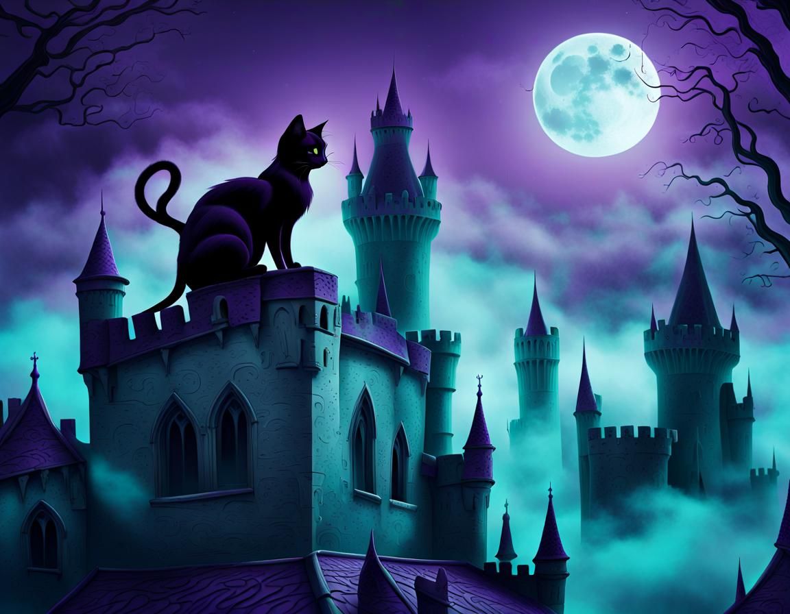 Gothic Castle with Cat in Purple Mist Illustration