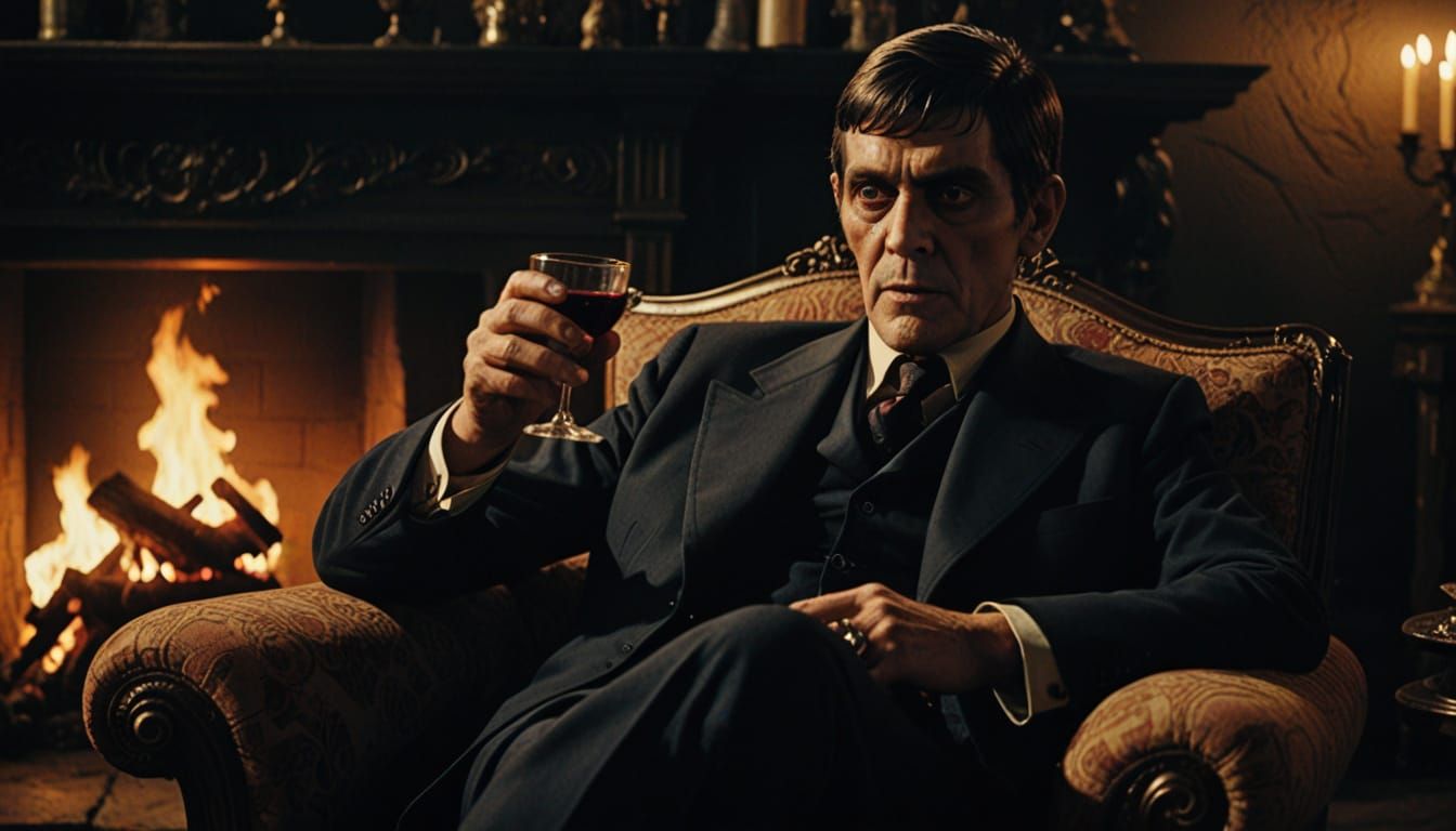 Barnabas Collins Contemplates Wine by Firelight