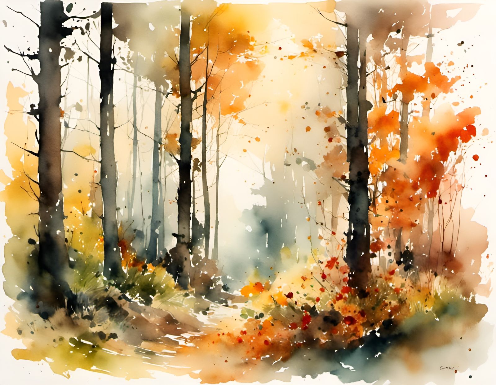 Fulvous Autumn Forest in Watercolor Style