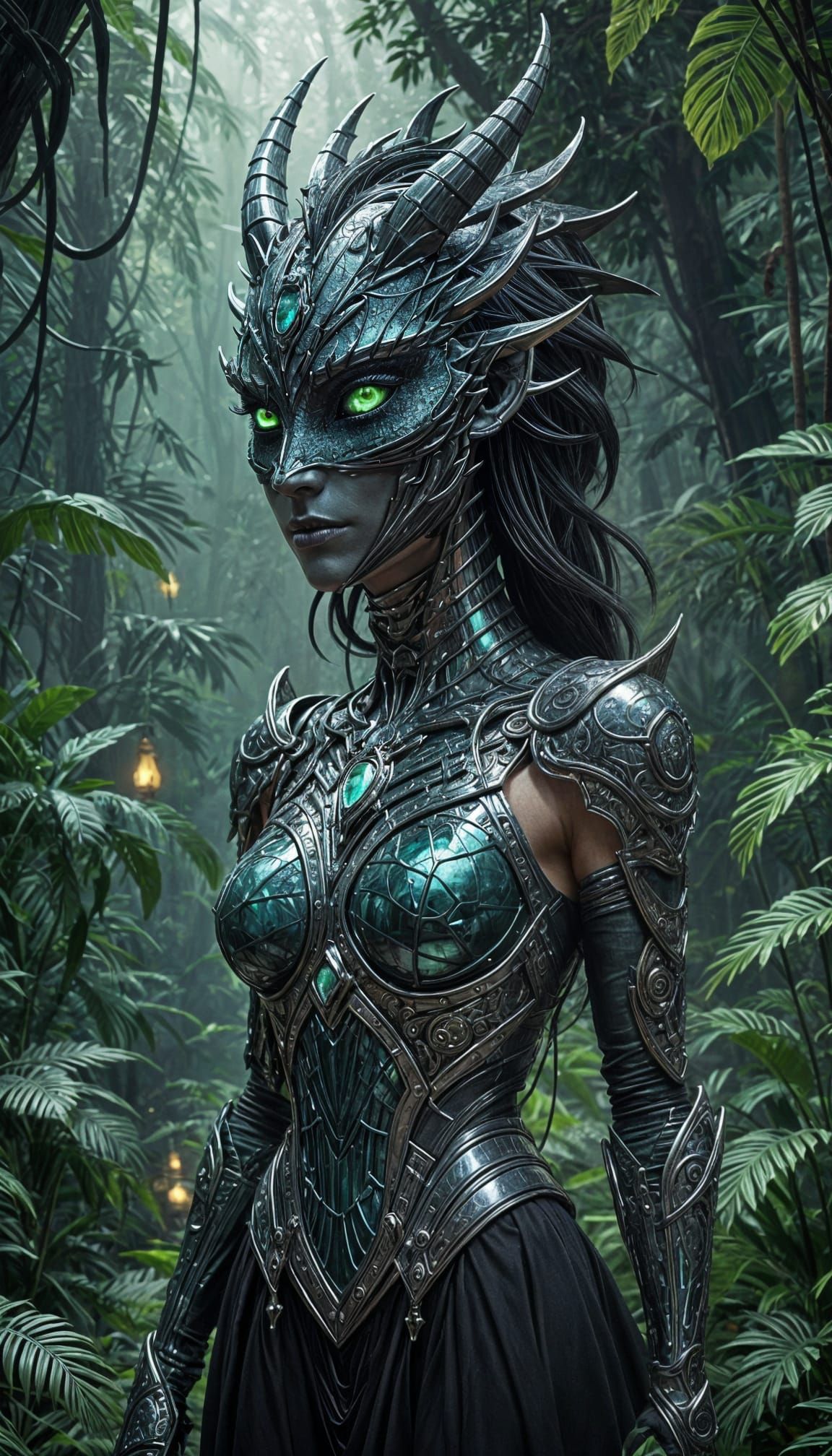 Dragon-Human Hybrid in Bioluminescent Jungle, Dramatic Light...