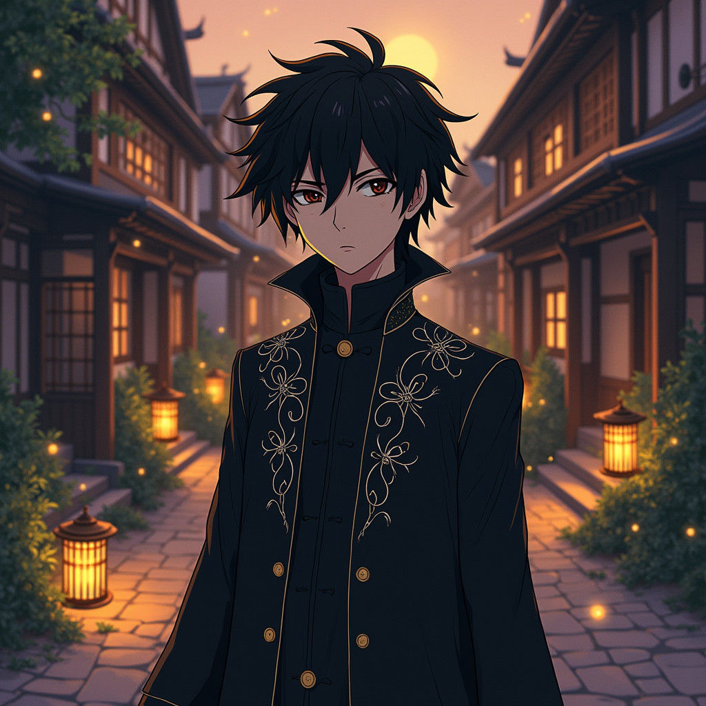 Chrollo Lucilfer in Ghibli Style: Tranquil Village at Dusk