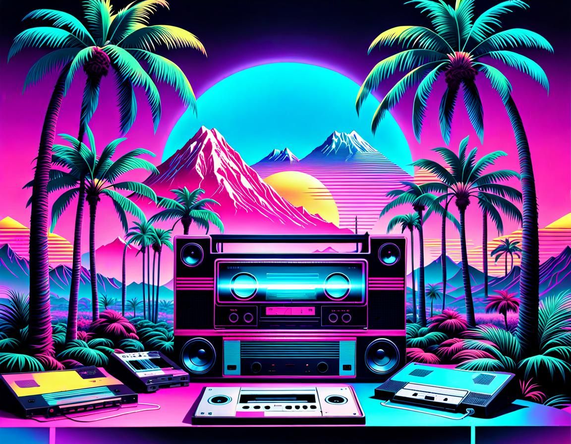 Vaporwave Boombox in Dreamy Neon Landscape