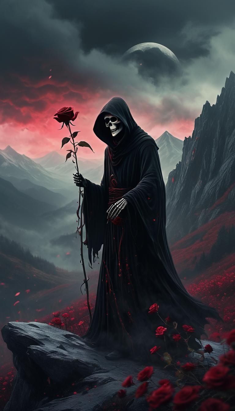 Whimsical Wind art medium shot dreamy etheral style dark fantasy Grim reaper Rose in mountain crimson red black and gold...