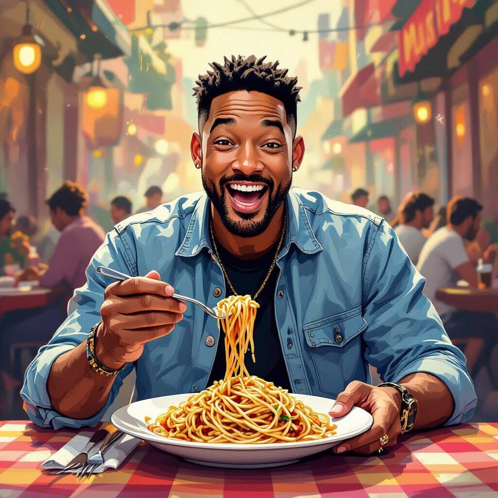 Will Smith Enjoys Spaghetti, Expressive Illustration