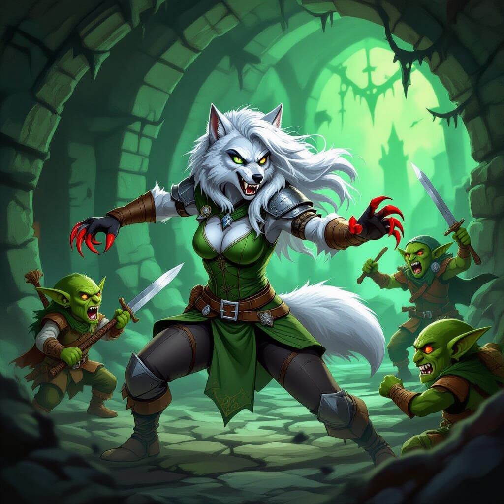 Werewolf Warrior Fights Goblins in D&D Dungeon